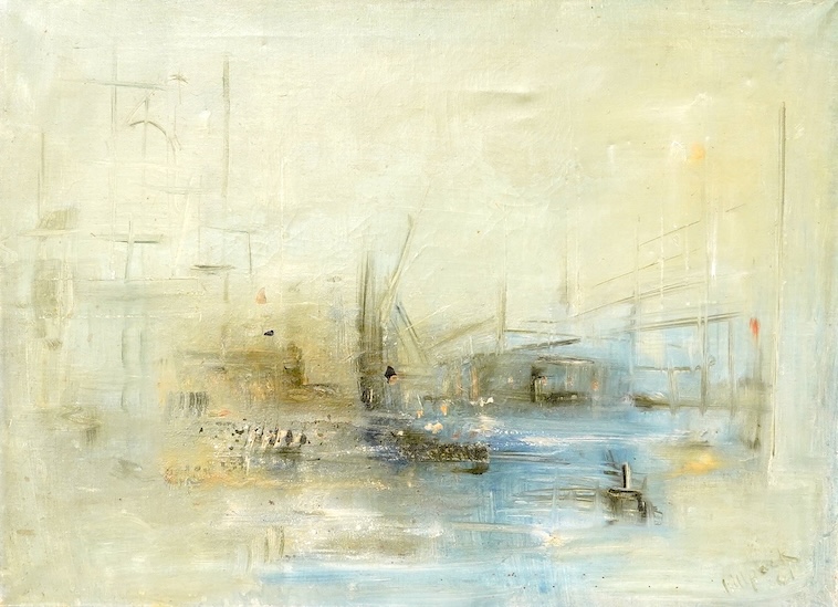 Killpack, Mid century abstract study, signed and dated '61, oil on canvas, John Skelton label verso, unframed, 55 x 75cm